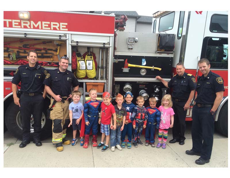 The Super Heroes from Chestermere Fire Hall visited the Super Heroes at Little Acorns Preschool this week